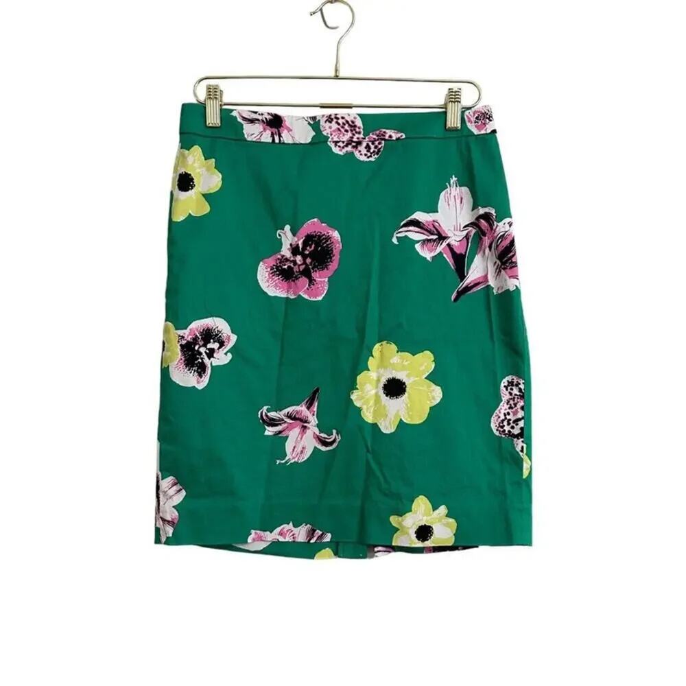 J. Crew Pencil Skirt Women's 6 Green Floral Office Wear Preppy Lightweight